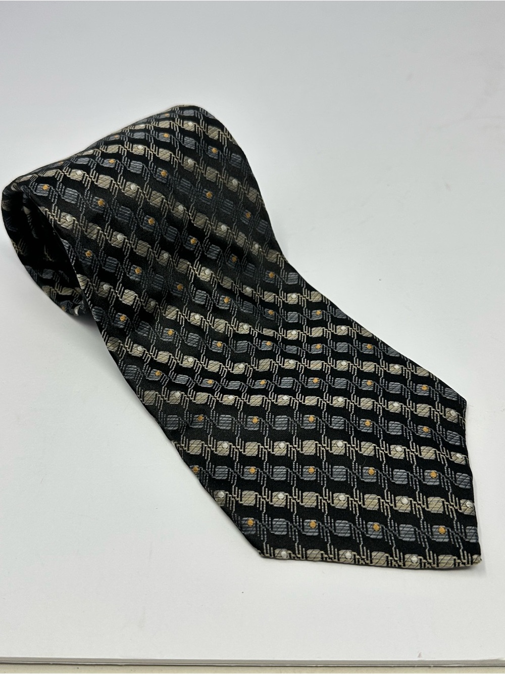 Pronto Uomo Men's Necktie Tie 100% Silk Blue Black Gray Geometric Pattern Y8